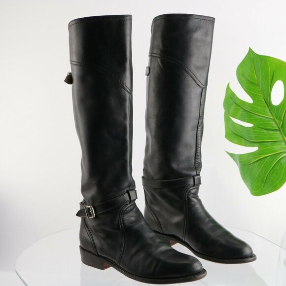 Frye Womens Dorado Riding Boot Size 6 Tall Black Leather Buckle Strap Moto Biker